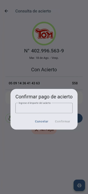 Cartel de confirmación para ingresar el importe del acierto