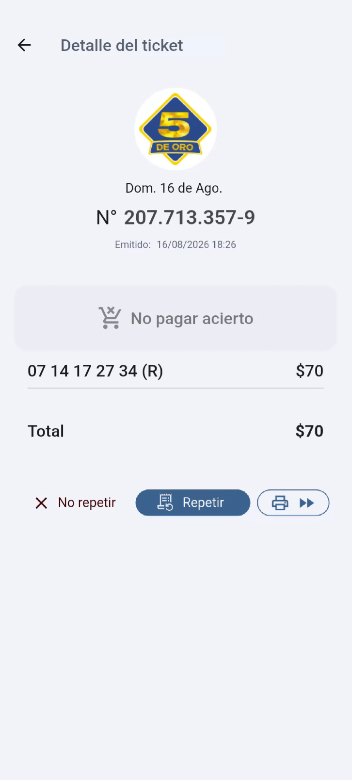 Detalle del ticket con No pagar acierto