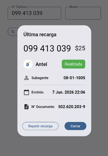 Modal última recarga